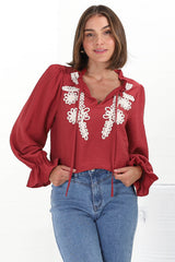 Lucian Blouse - Frill Neckline Pull Over Floral Decal Blouse in Red