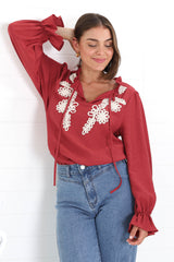 Lucian Blouse - Frill Neckline Pull Over Floral Decal Blouse in Red