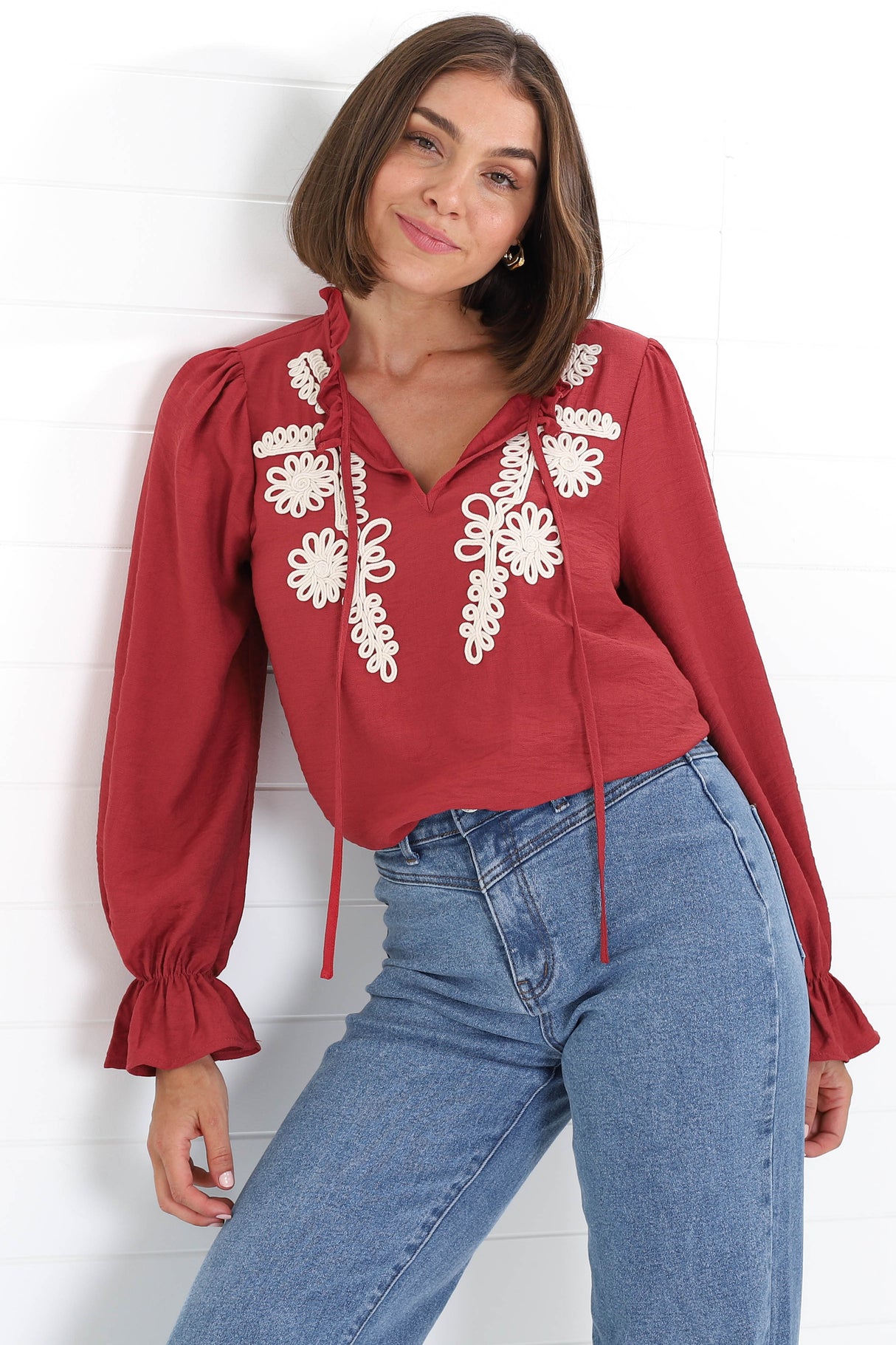 Lucian Blouse - Frill Neckline Pull Over Floral Decal Blouse in Red