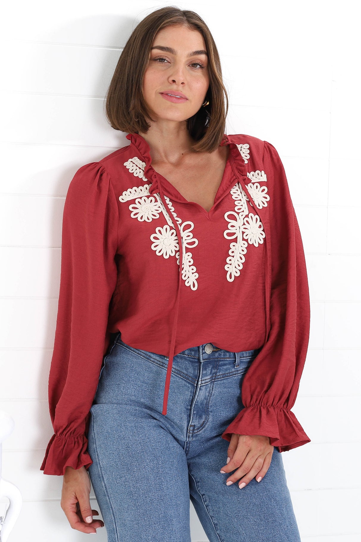 Lucian Blouse - Frill Neckline Pull Over Floral Decal Blouse in Red