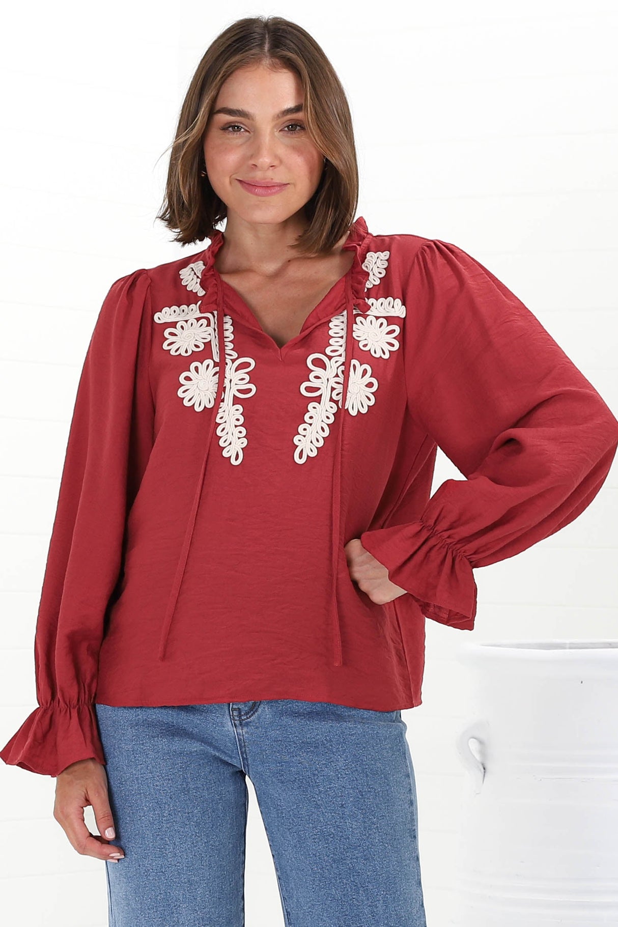 Lucian Blouse - Frill Neckline Pull Over Floral Decal Blouse in Red