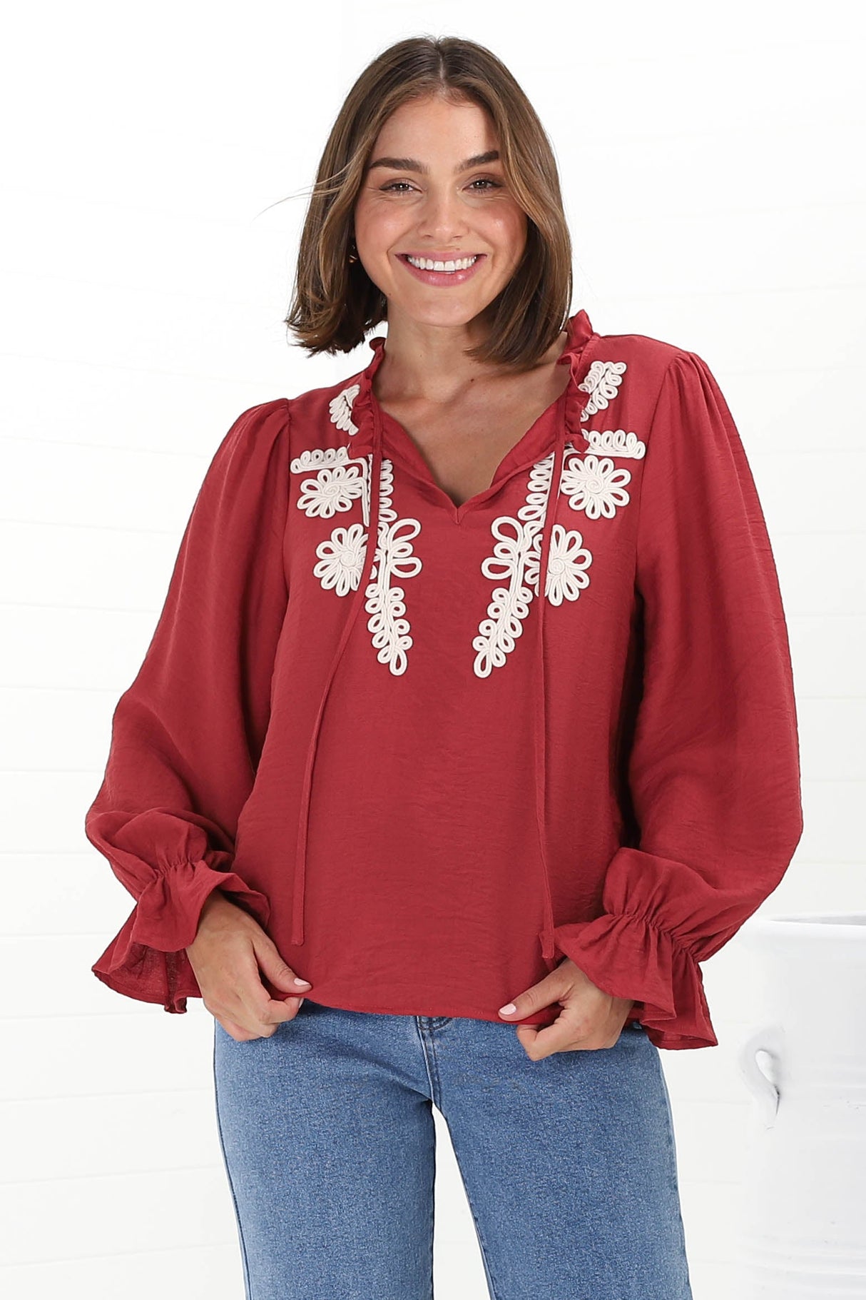 Lucian Blouse - Frill Neckline Pull Over Floral Decal Blouse in Red