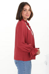 Lucian Blouse - Frill Neckline Pull Over Floral Decal Blouse in Red