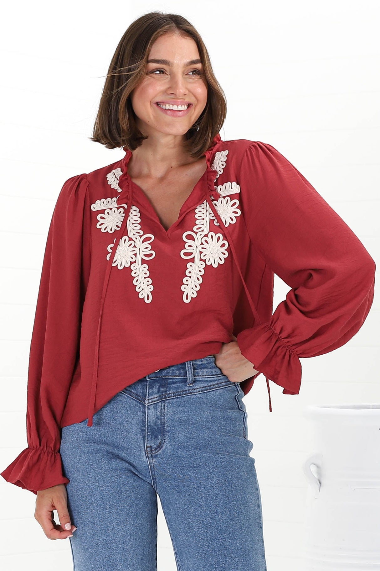 Lucian Blouse - Frill Neckline Pull Over Floral Decal Blouse in Red