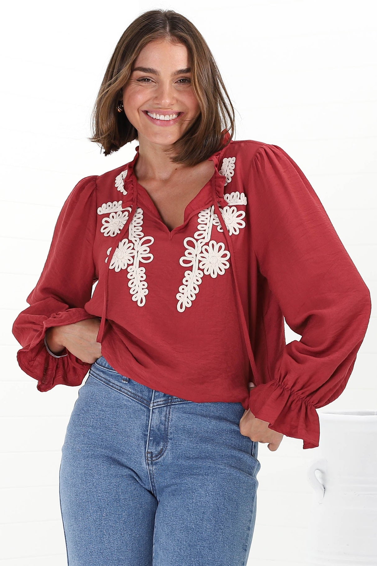 Lucian Blouse - Frill Neckline Pull Over Floral Decal Blouse in Red