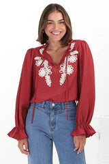 Lucian Blouse - Frill Neckline Pull Over Floral Decal Blouse in Red