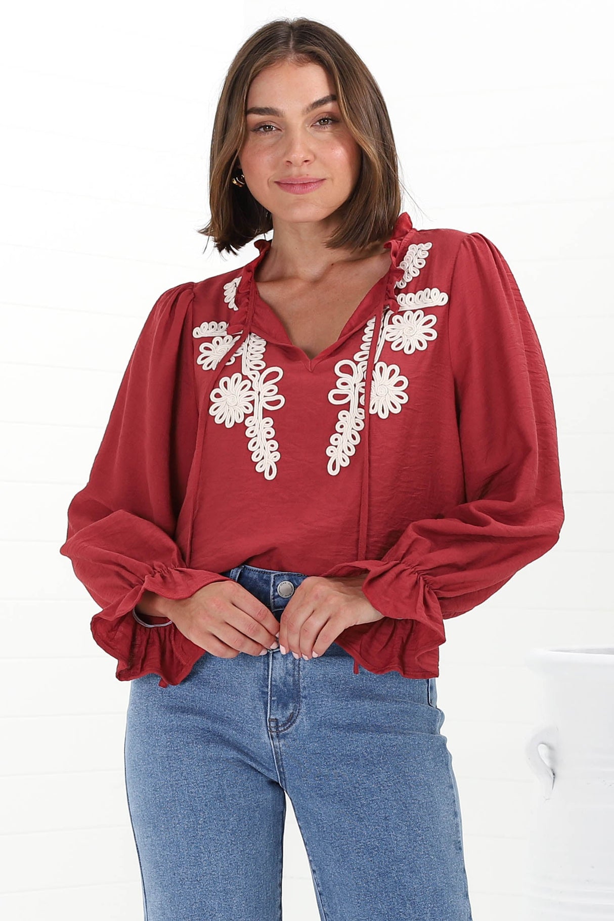 Lucian Blouse - Frill Neckline Pull Over Floral Decal Blouse in Red