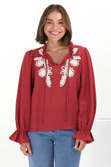 Lucian Blouse - Frill Neckline Pull Over Floral Decal Blouse in Red