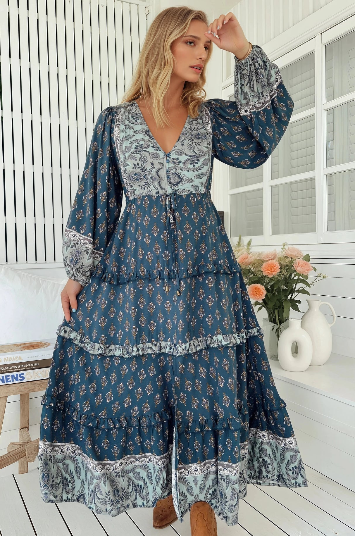JAASE - Luciana Maxi Dress: Pull Tie Waist Tiered Dress with Frill Splicing in Nico Print