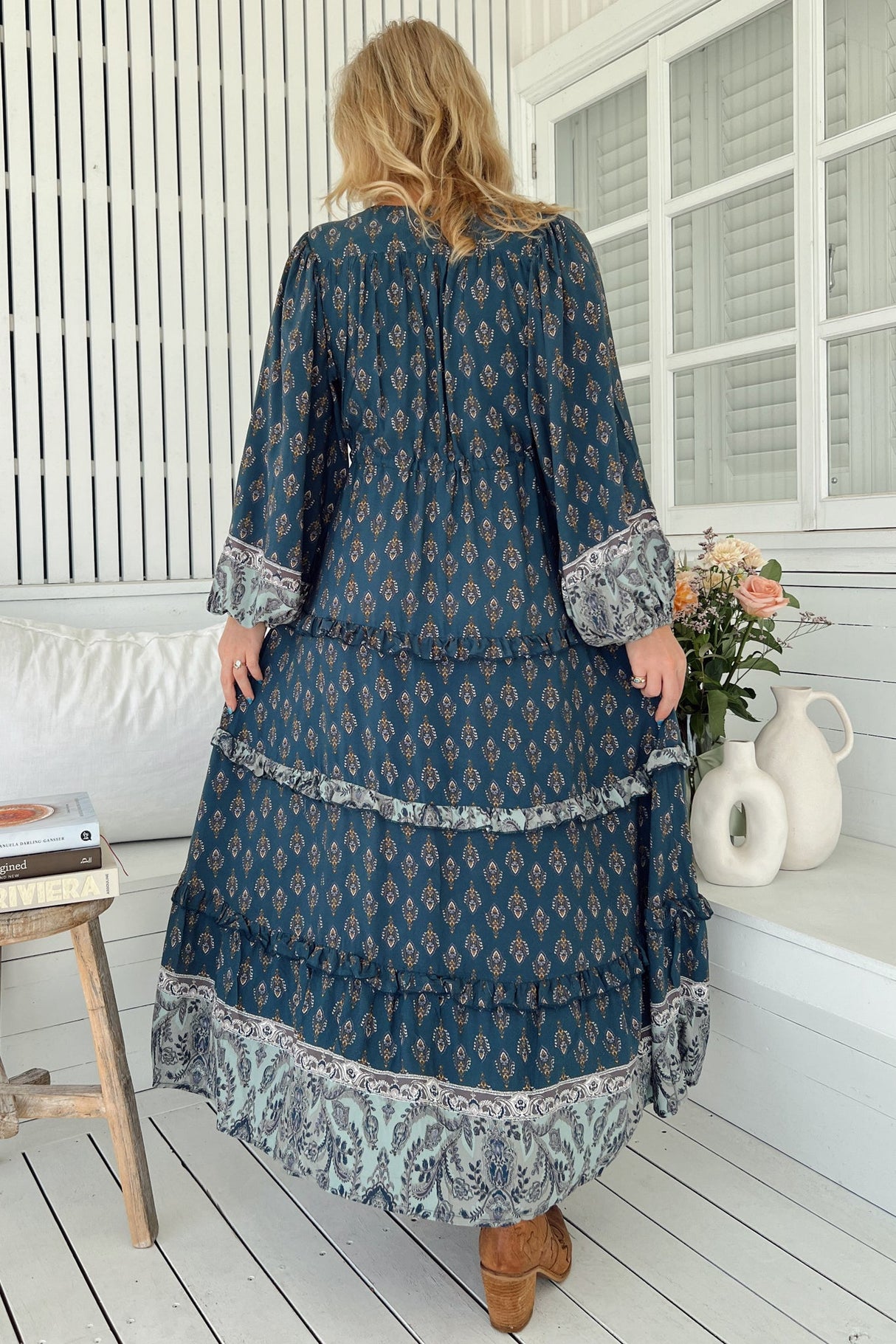 JAASE - Luciana Maxi Dress: Pull Tie Waist Tiered Dress with Frill Splicing in Nico Print