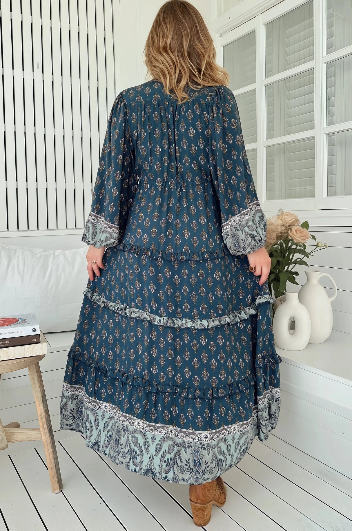 JAASE - Luciana Maxi Dress: Pull Tie Waist Tiered Dress with Frill Splicing in Nico Print