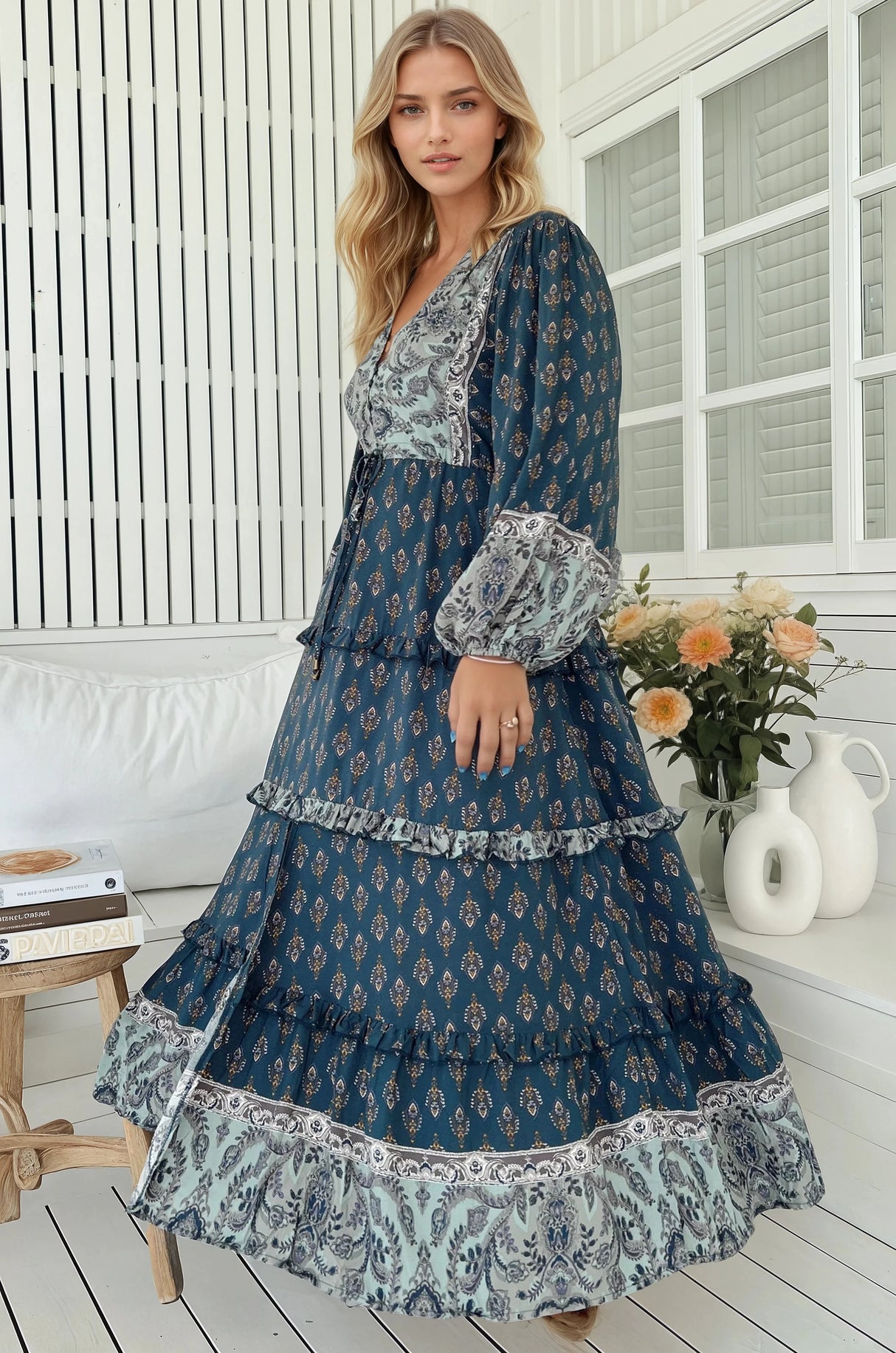 JAASE - Luciana Maxi Dress: Pull Tie Waist Tiered Dress with Frill Splicing in Nico Print