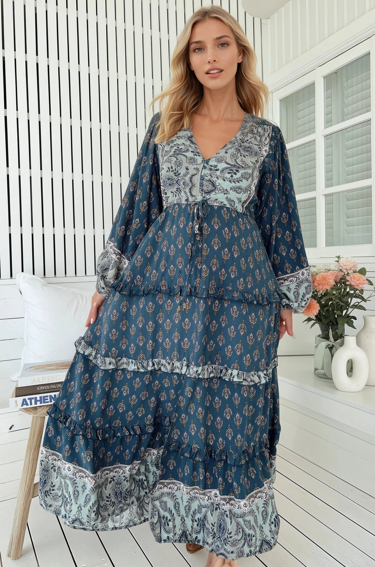 JAASE - Luciana Maxi Dress: Pull Tie Waist Tiered Dress with Frill Splicing in Nico Print