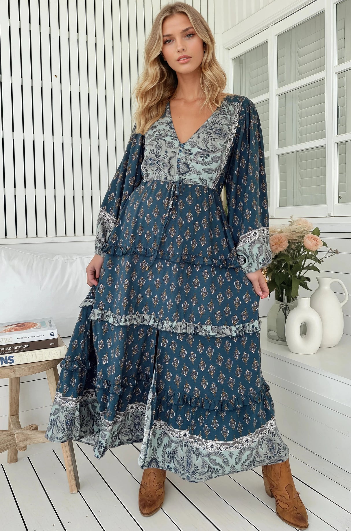 JAASE - Luciana Maxi Dress: Pull Tie Waist Tiered Dress with Frill Splicing in Nico Print