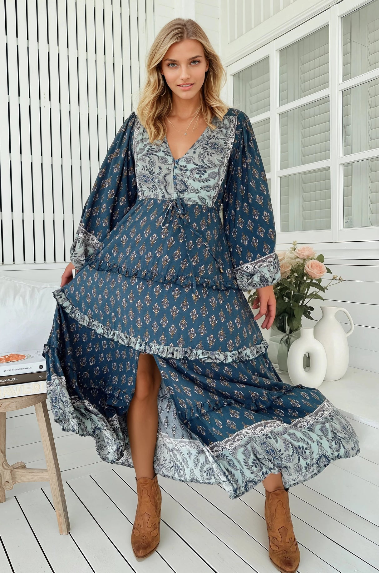 JAASE - Luciana Maxi Dress: Pull Tie Waist Tiered Dress with Frill Splicing in Nico Print
