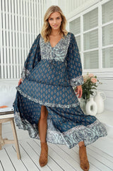 JAASE - Luciana Maxi Dress: Pull Tie Waist Tiered Dress with Frill Splicing in Nico Print