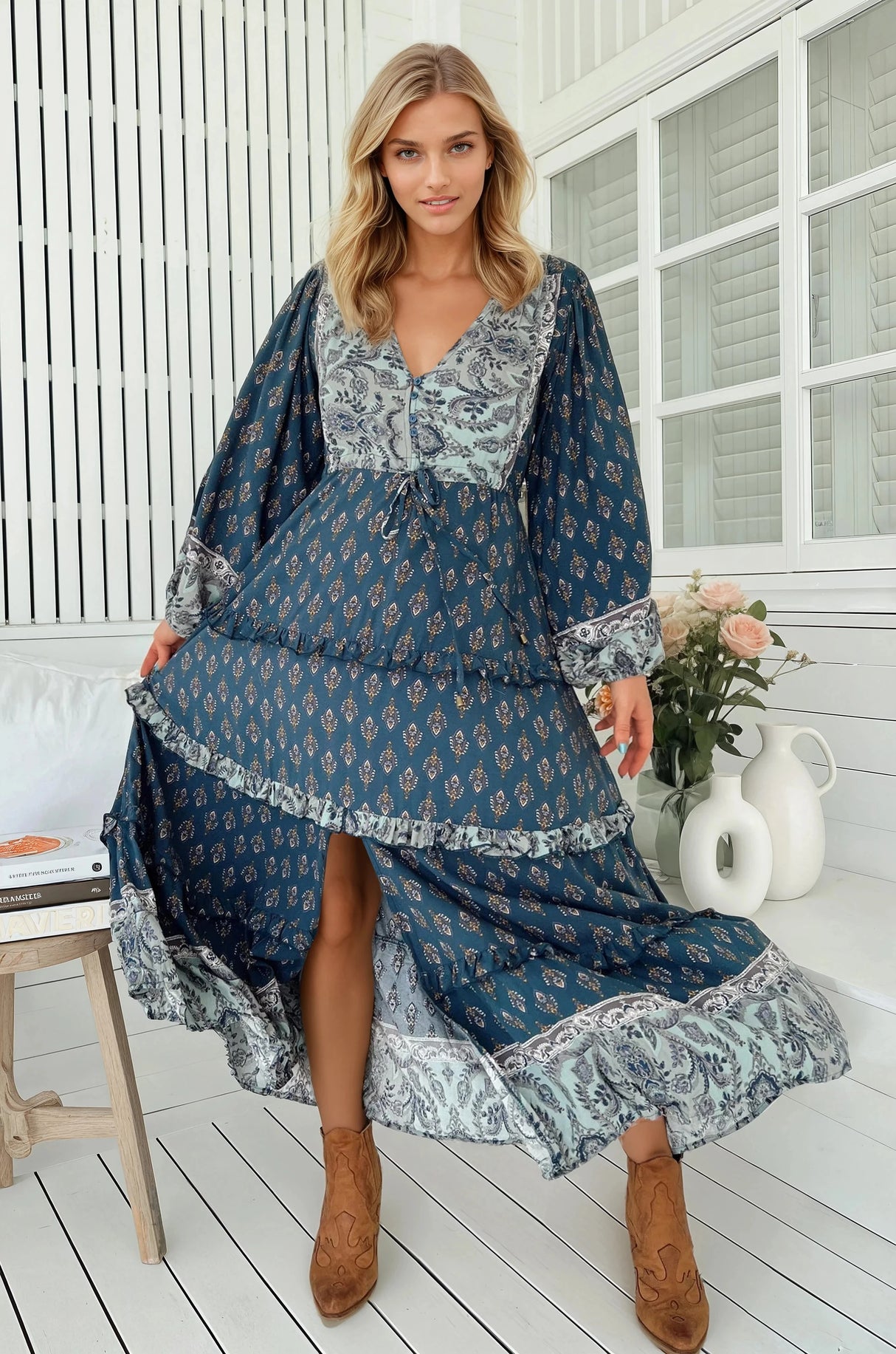 JAASE - Luciana Maxi Dress: Pull Tie Waist Tiered Dress with Frill Splicing in Nico Print