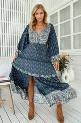 JAASE - Luciana Maxi Dress: Pull Tie Waist Tiered Dress with Frill Splicing in Nico Print