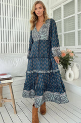 JAASE - Luciana Maxi Dress: Pull Tie Waist Tiered Dress with Frill Splicing in Nico Print