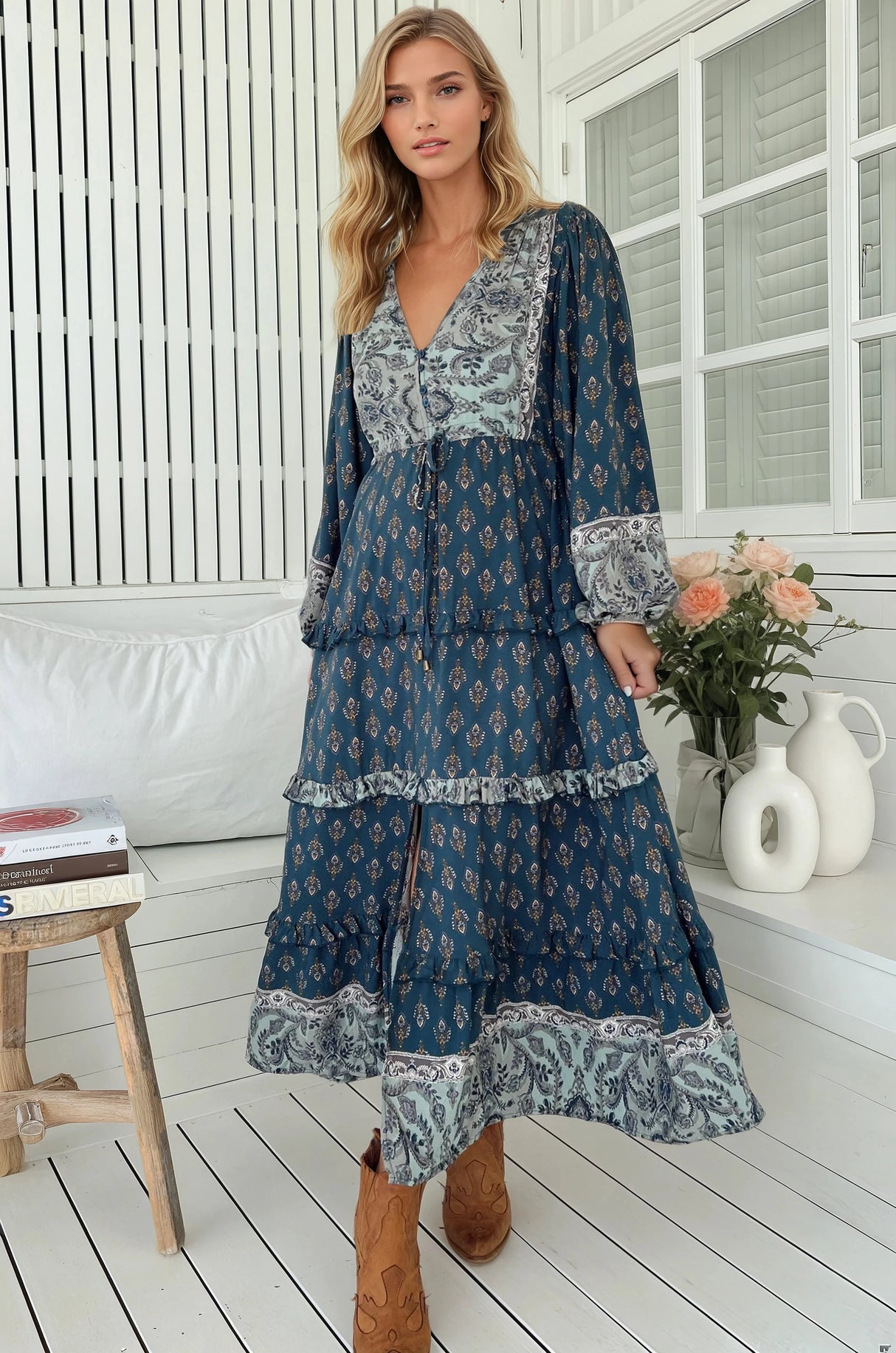 JAASE - Luciana Maxi Dress: Pull Tie Waist Tiered Dress with Frill Splicing in Nico Print