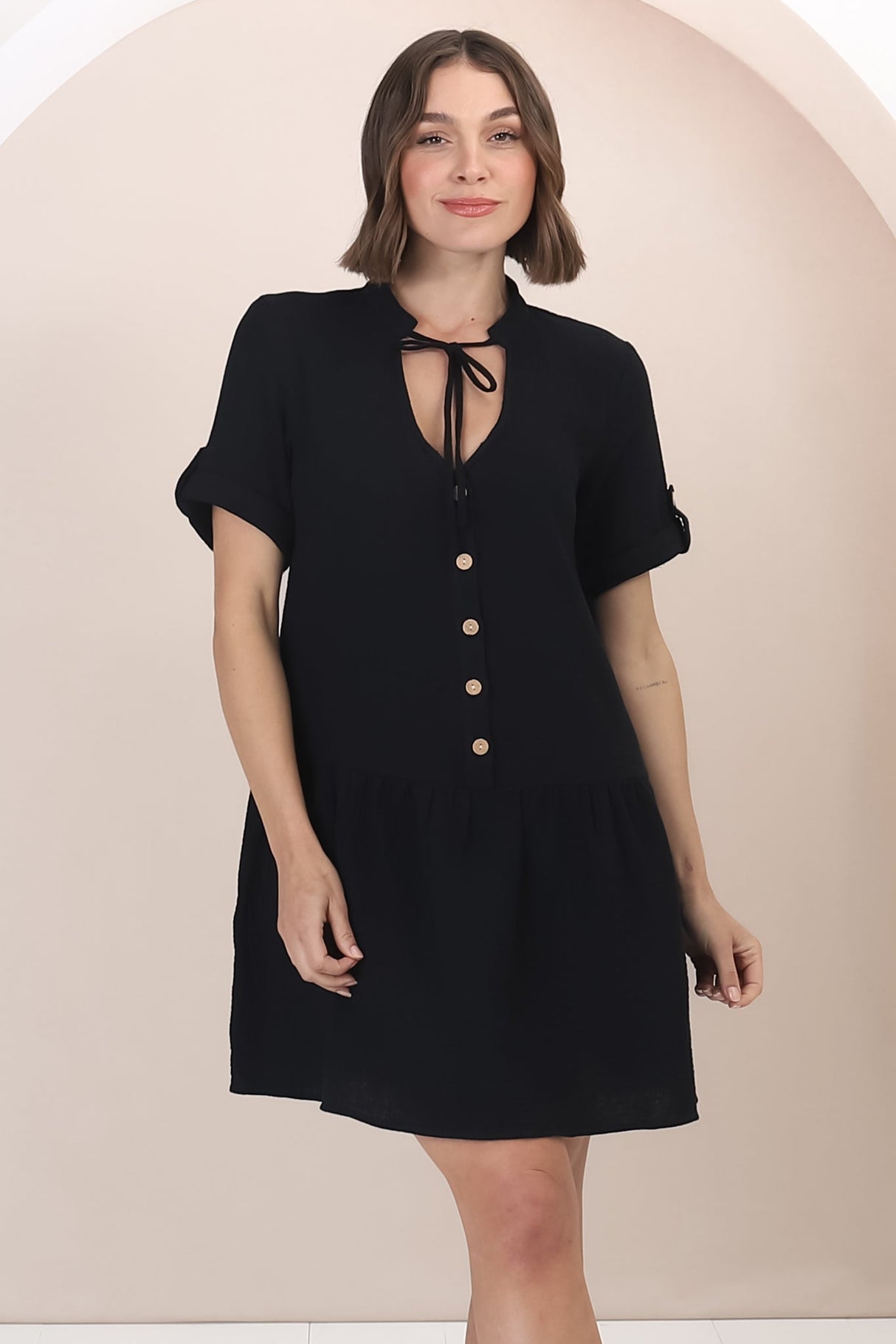 Lucie Mini Dress - Cheesecloth Cotton Shift Dress with Short Buttoned Cuff Sleeves in Black