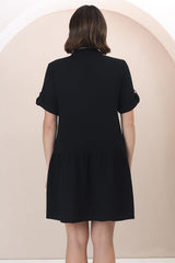 Lucie Mini Dress - Cheesecloth Cotton Shift Dress with Short Buttoned Cuff Sleeves in Black