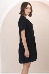 Lucie Mini Dress - Cheesecloth Cotton Shift Dress with Short Buttoned Cuff Sleeves in Black