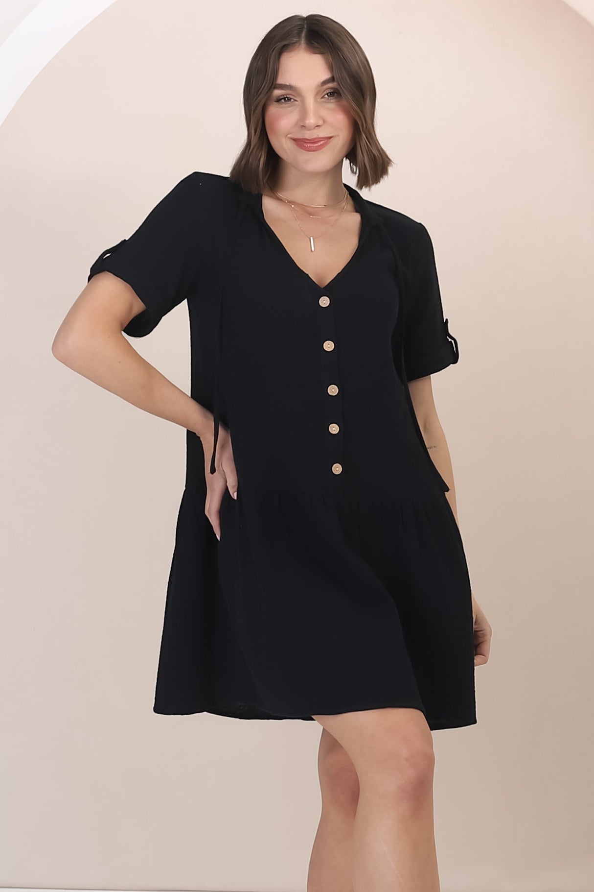 Lucie Mini Dress - Cheesecloth Cotton Shift Dress with Short Buttoned Cuff Sleeves in Black