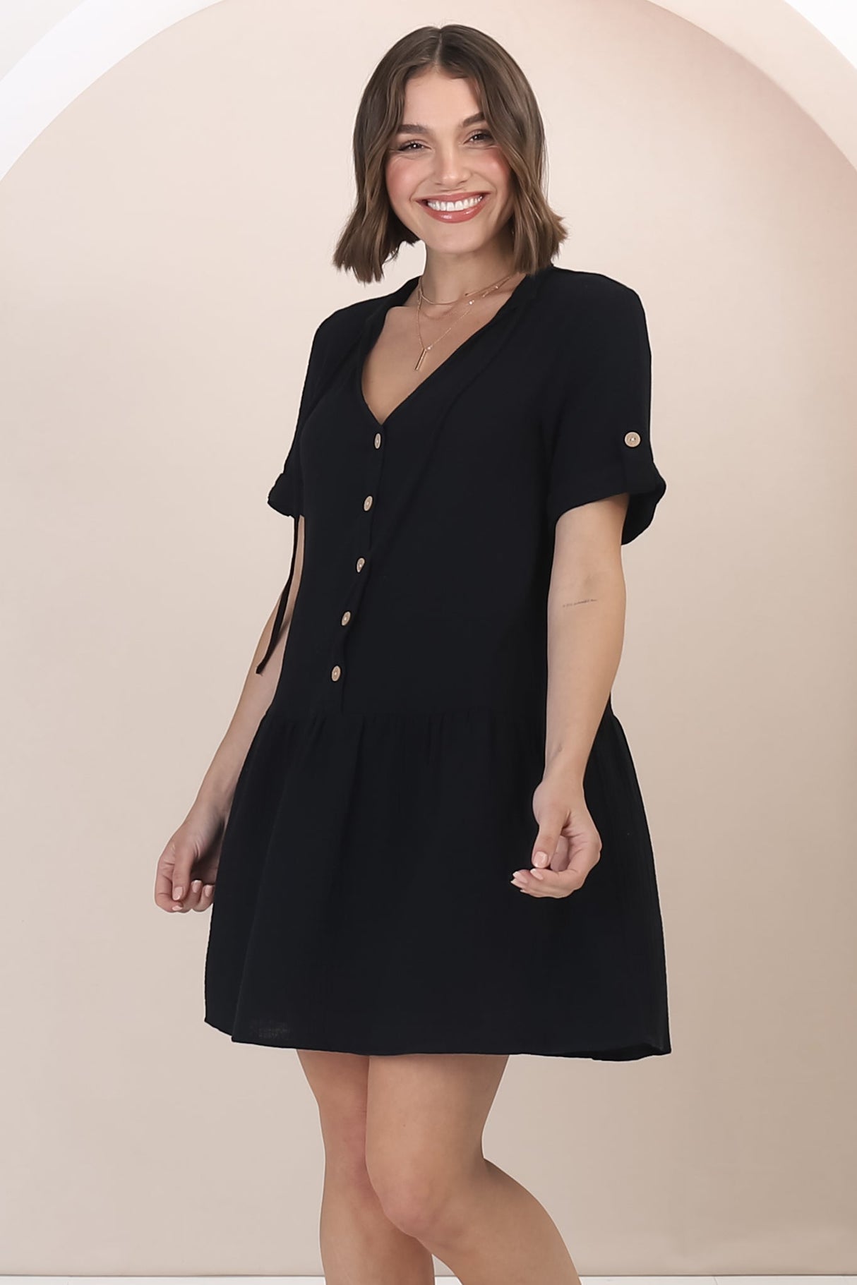 Lucie Mini Dress - Cheesecloth Cotton Shift Dress with Short Buttoned Cuff Sleeves in Black