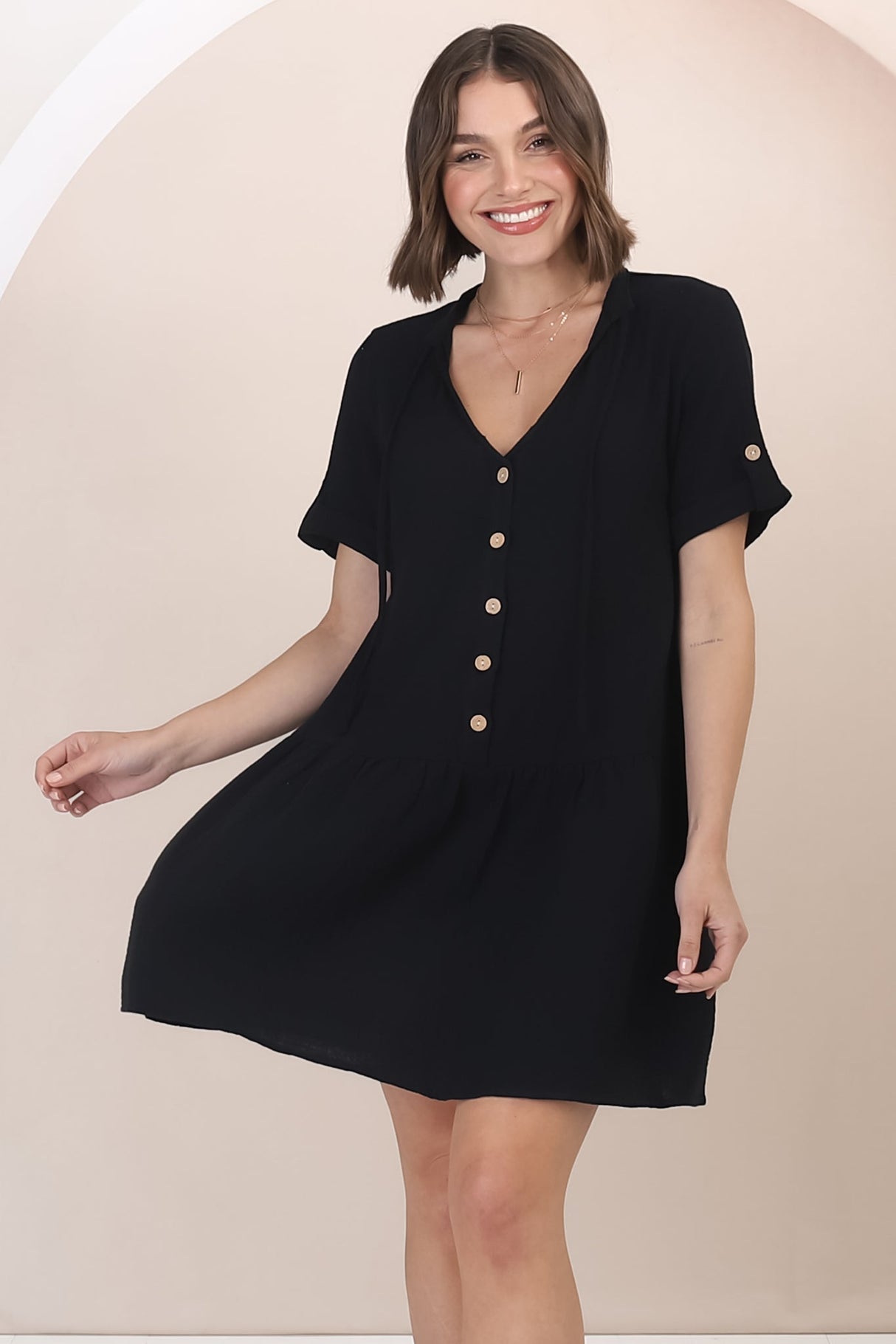 Lucie Mini Dress - Cheesecloth Cotton Shift Dress with Short Buttoned Cuff Sleeves in Black