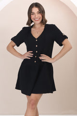 Lucie Mini Dress - Cheesecloth Cotton Shift Dress with Short Buttoned Cuff Sleeves in Black