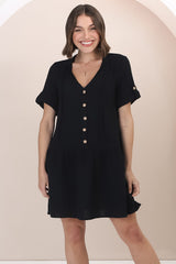 Lucie Mini Dress - Cheesecloth Cotton Shift Dress with Short Buttoned Cuff Sleeves in Black