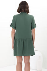 Lucie Mini Dress - Cheesecloth Cotton Shift Dress with Short Buttoned Cuff Sleeves in Green