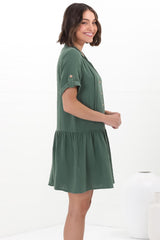 Lucie Mini Dress - Cheesecloth Cotton Shift Dress with Short Buttoned Cuff Sleeves in Green