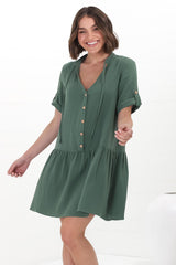 Lucie Mini Dress - Cheesecloth Cotton Shift Dress with Short Buttoned Cuff Sleeves in Green