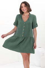 Lucie Mini Dress - Cheesecloth Cotton Shift Dress with Short Buttoned Cuff Sleeves in Green