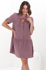 Lucie Mini Dress - Cheesecloth Cotton Shift Dress with Short Buttoned Cuff Sleeves in Mauve