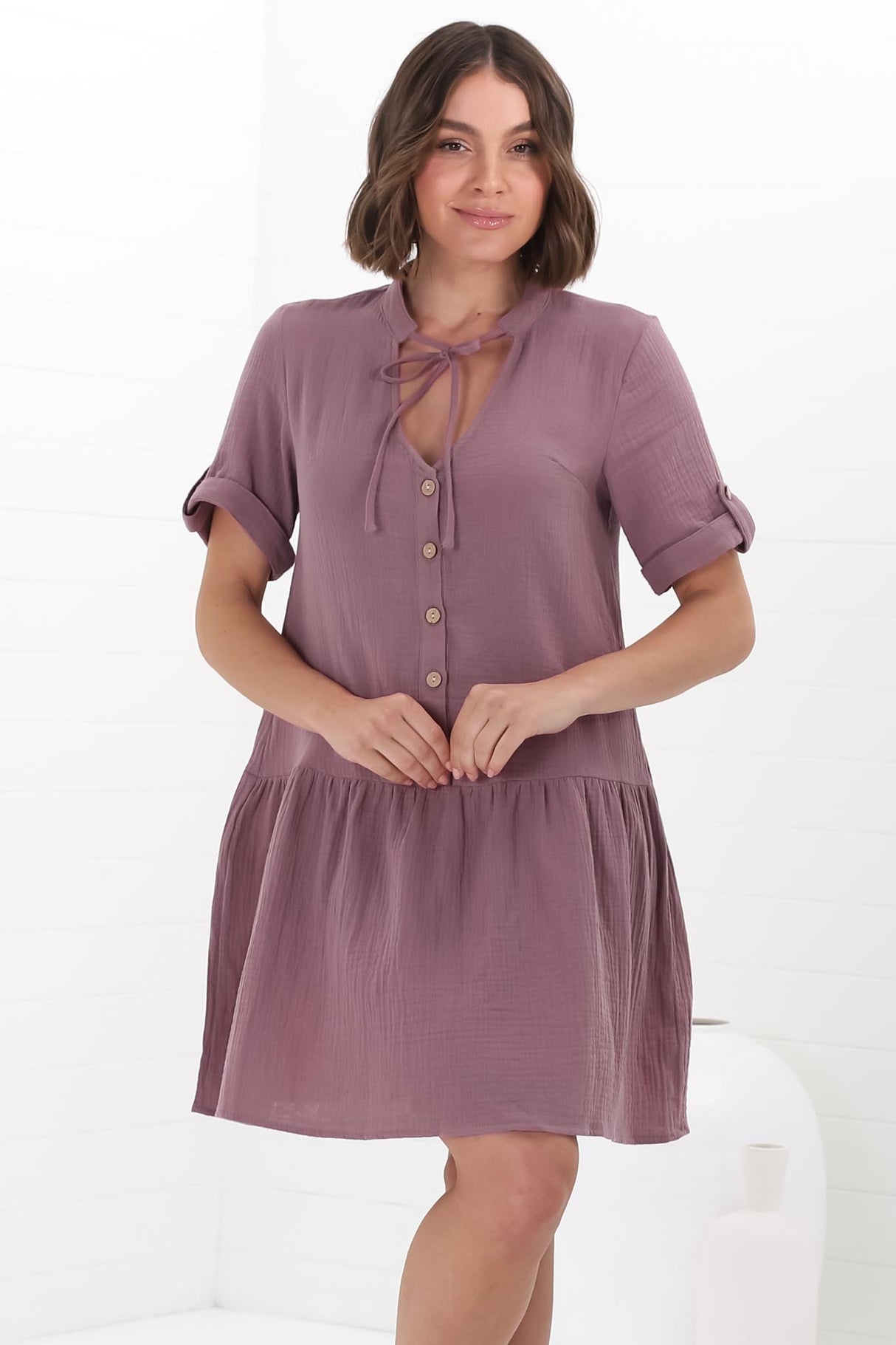 Lucie Mini Dress - Cheesecloth Cotton Shift Dress with Short Buttoned Cuff Sleeves in Mauve