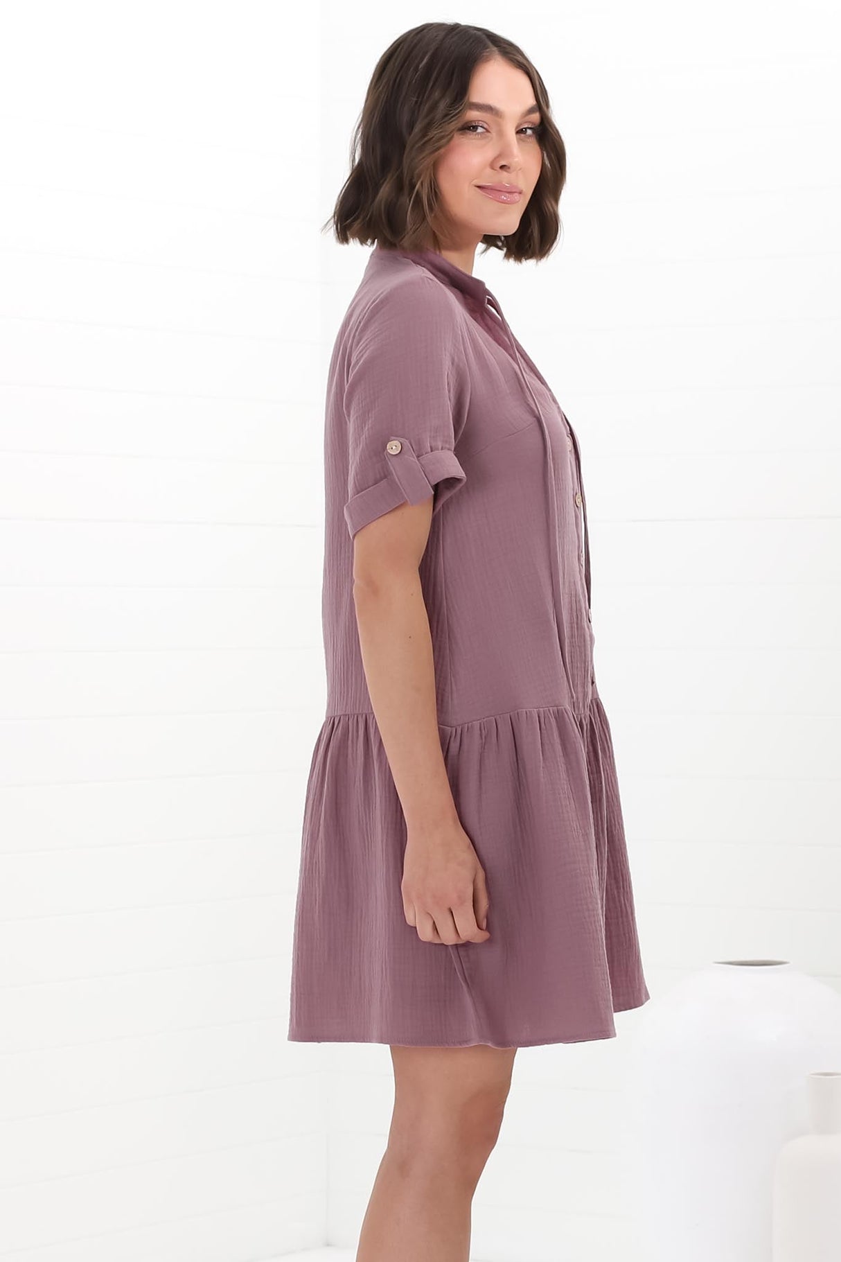 Lucie Mini Dress - Cheesecloth Cotton Shift Dress with Short Buttoned Cuff Sleeves in Mauve