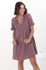 Lucie Mini Dress - Cheesecloth Cotton Shift Dress with Short Buttoned Cuff Sleeves in Mauve