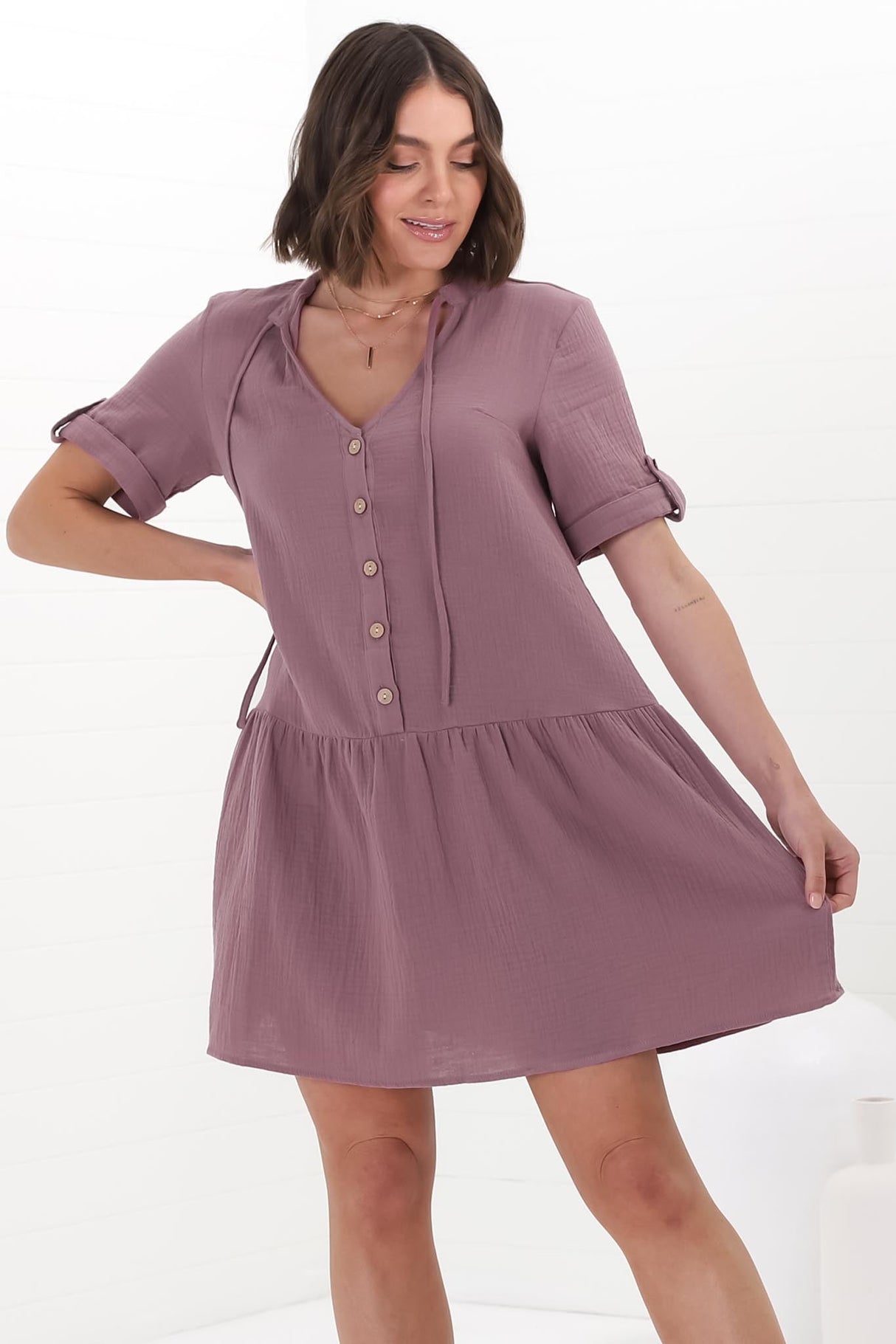 Lucie Mini Dress - Cheesecloth Cotton Shift Dress with Short Buttoned Cuff Sleeves in Mauve