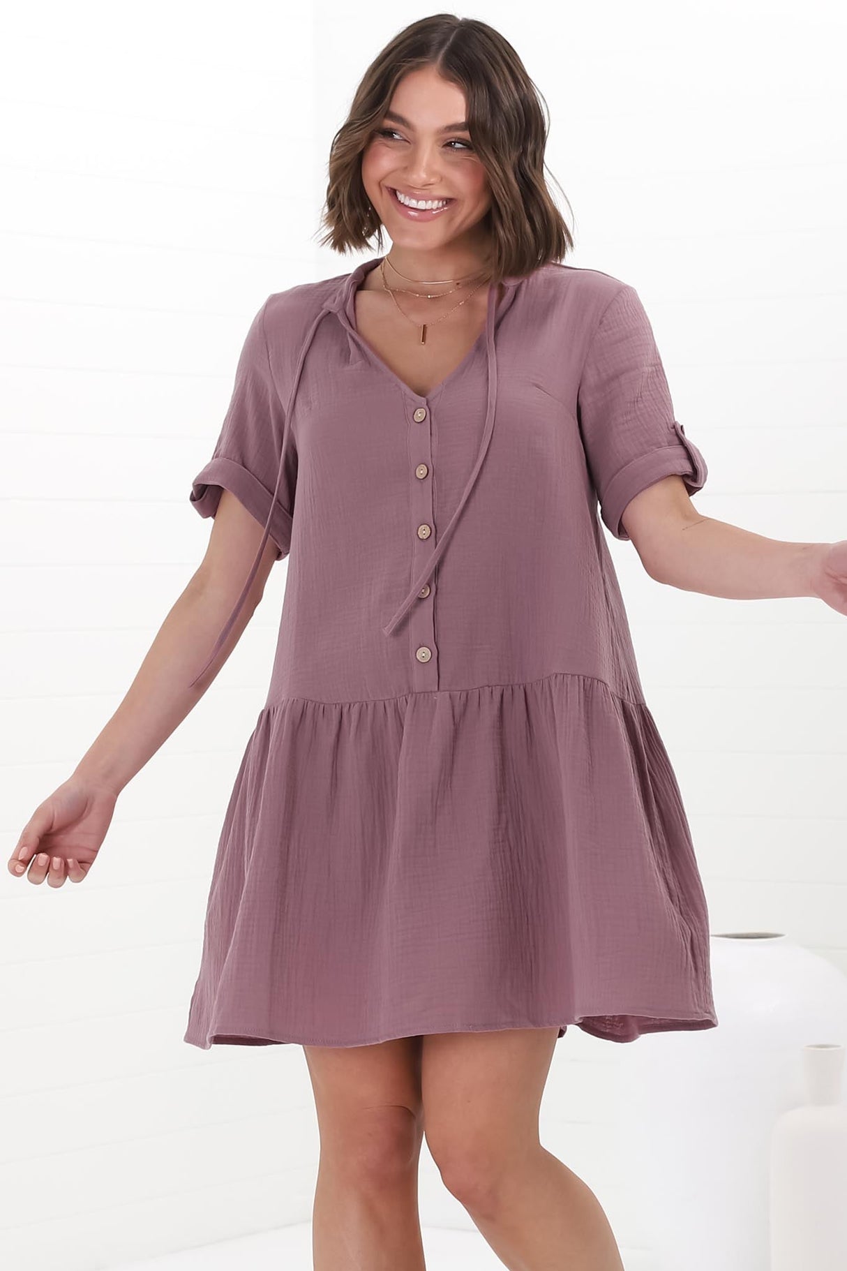 Lucie Mini Dress - Cheesecloth Cotton Shift Dress with Short Buttoned Cuff Sleeves in Mauve