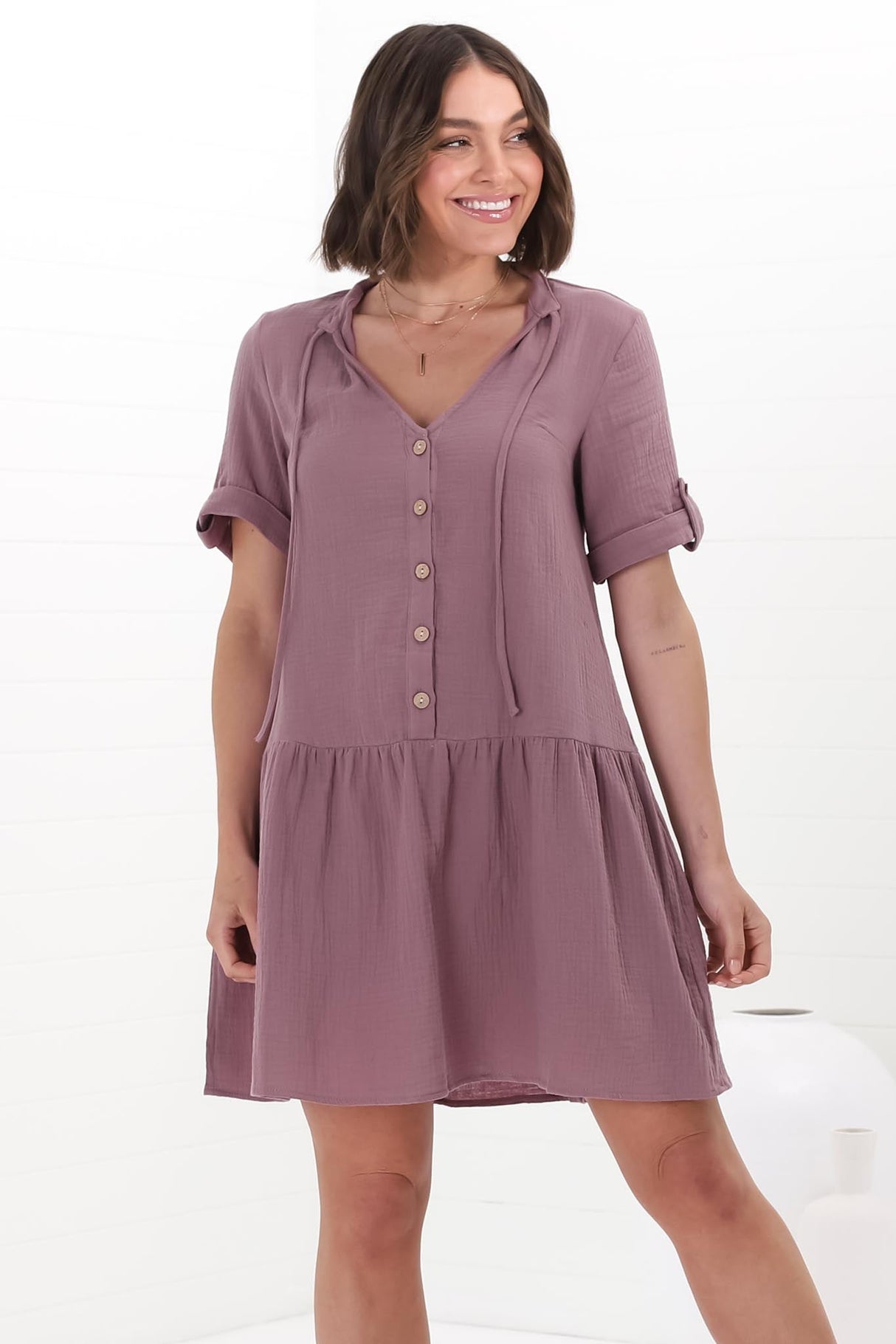 Lucie Mini Dress - Cheesecloth Cotton Shift Dress with Short Buttoned Cuff Sleeves in Mauve