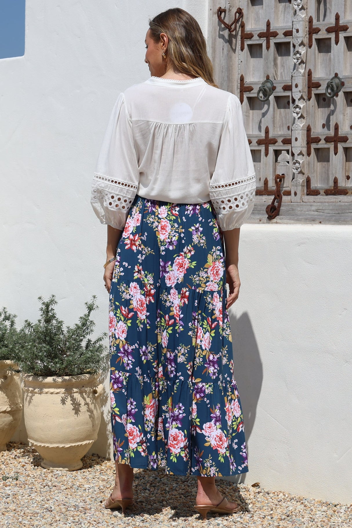 Lucien Maxi Skirt - High Waisted Tiered Skirt in Virginia Print Navy