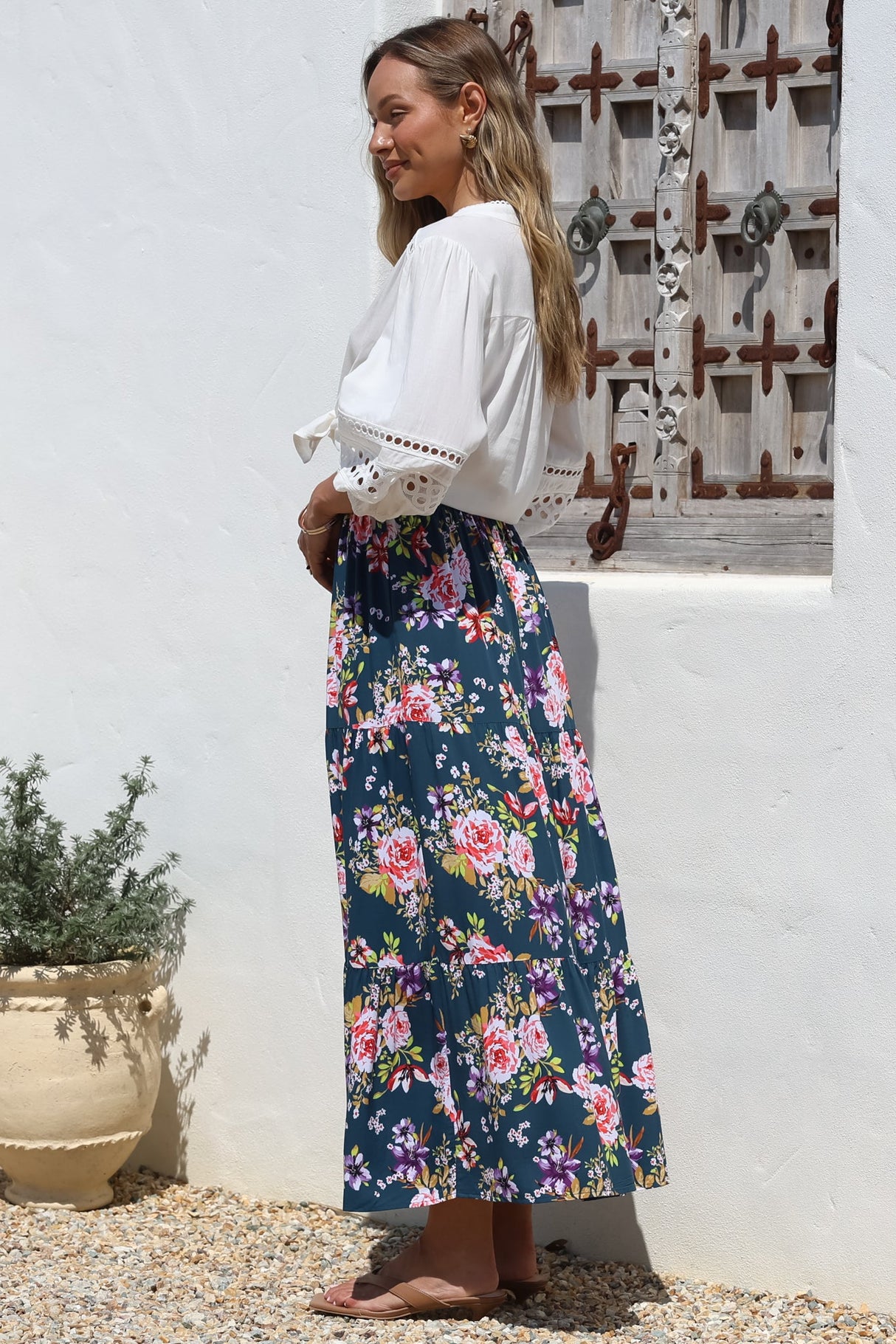 Lucien Maxi Skirt - High Waisted Tiered Skirt in Virginia Print Navy