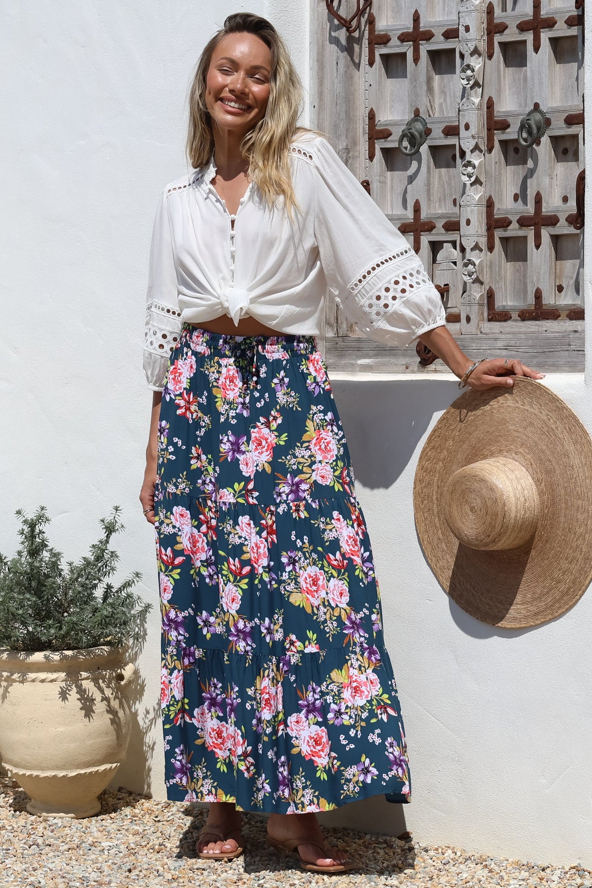 Lucien Maxi Skirt - High Waisted Tiered Skirt in Virginia Print Navy