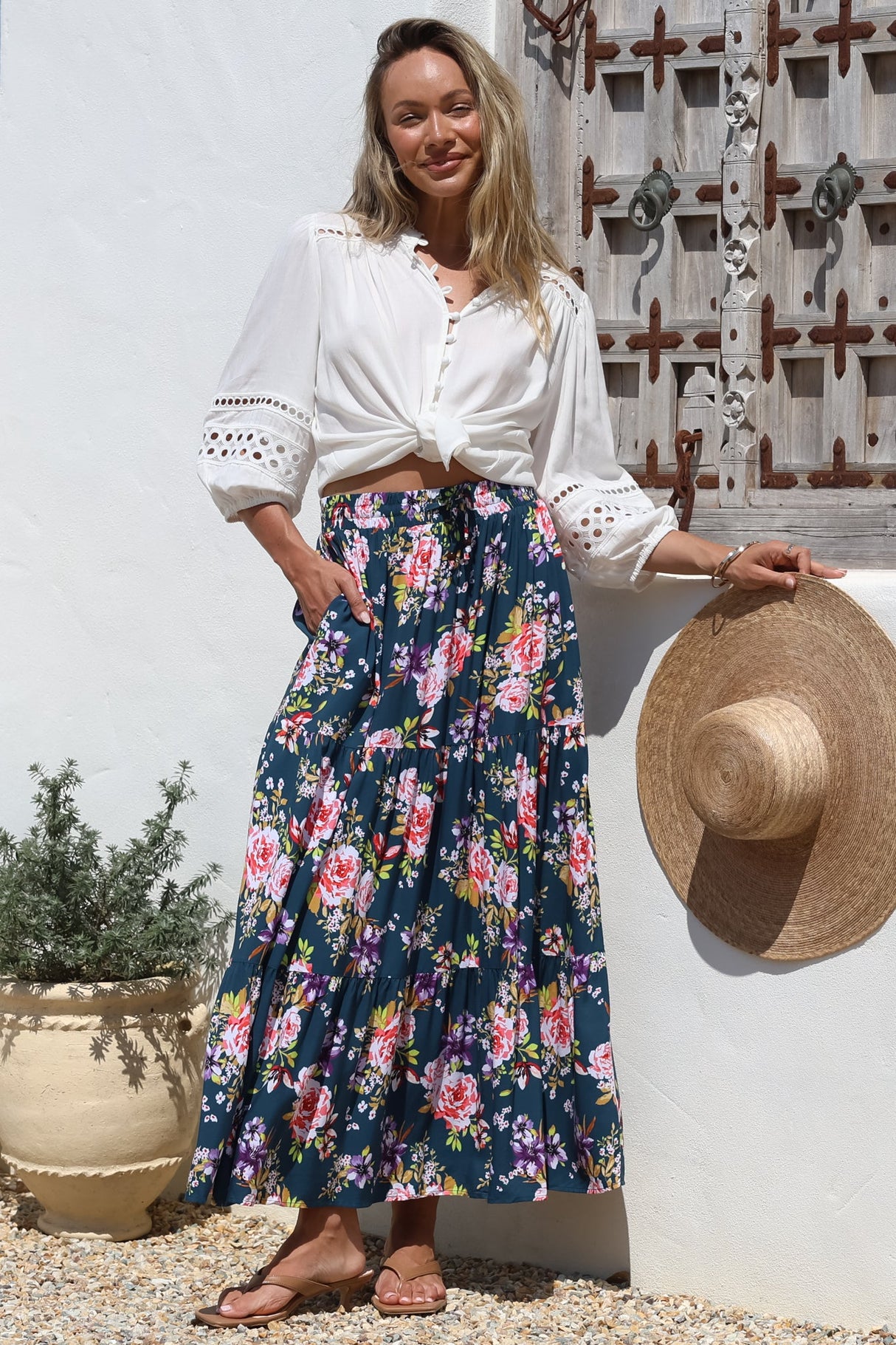 Lucien Maxi Skirt - High Waisted Tiered Skirt in Virginia Print Navy