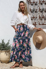 Lucien Maxi Skirt - High Waisted Tiered Skirt in Virginia Print Navy