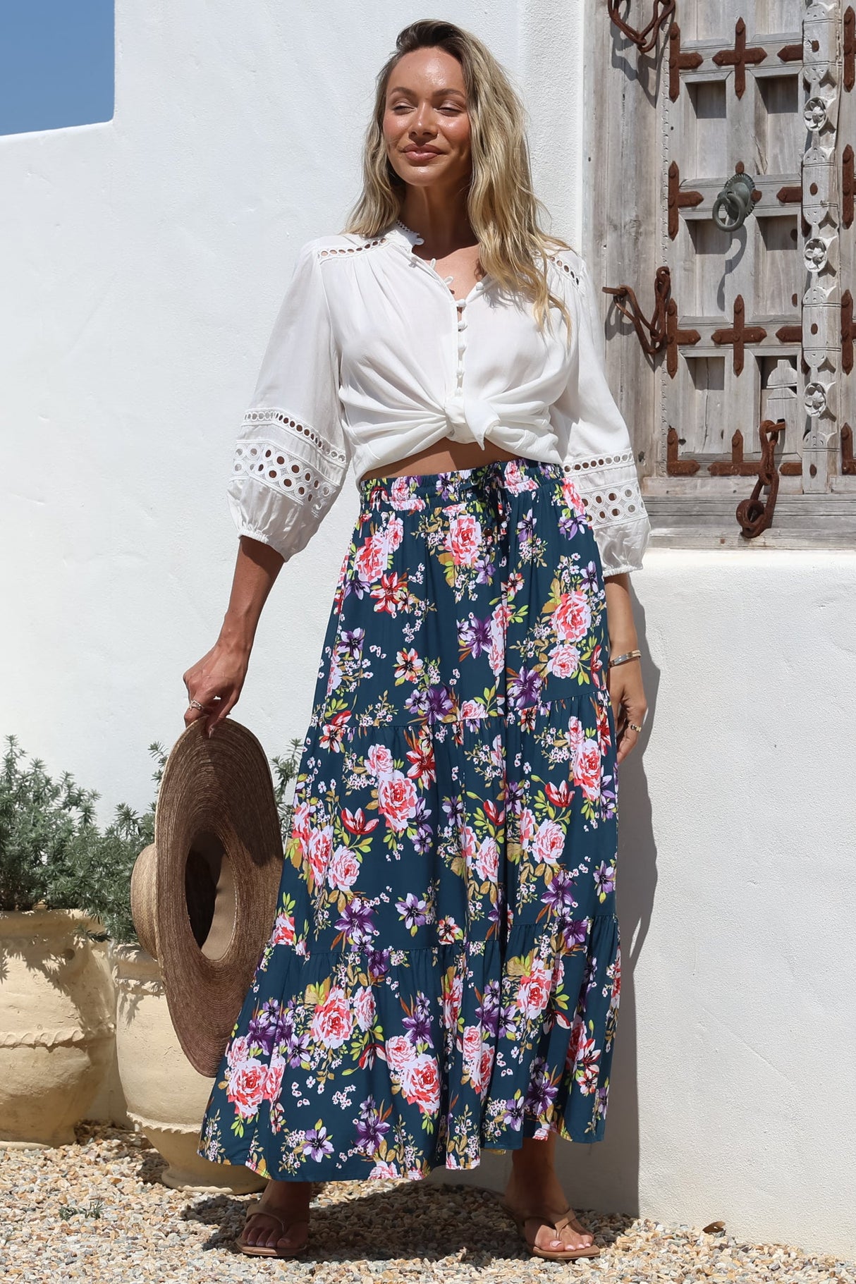 Lucien Maxi Skirt - High Waisted Tiered Skirt in Virginia Print Navy