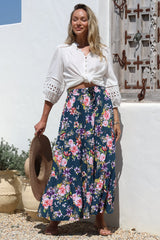 Lucien Maxi Skirt - High Waisted Tiered Skirt in Virginia Print Navy